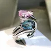 Anneaux De Mariage Exquis Couleur Argent Bijoux Double Goutte D'eau Bleu Rose Zircon Pierre Anneau Redimensionnable Pour Les Femmes Cadeau D'anniversaire De Luxe