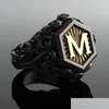 Anneaux De Mariage Anneaux De Mariage Classique Rétro Noir Hommes Or Remplissage Sculpture M Lettre Signet Steampunk Pour Anniversaire Cadeau Fête Gothique Jewe Dh8Fm