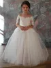 Girl Dresses Wedding Flower Dress Fluffy Yarn Half Sleeve Off Shoulder Bow Princess Party Costume Floor Length Prom White Lace
