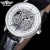 Zwycięzca zegarków na rękę luksusową markę modową Mechanical Sports Watches Męski skórzany pasek ręcznie przykręcony szkielet srebrny zegarek etui reloj hombre