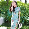 エスニック服のファン傘印刷中国語スタイルの4ウェイストレッチサテンQipao半袖ハンドメイドボタンCheongsam Oriental Dress