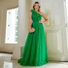 Ruffles One Shoulder Prom Dresses Long Ruched Tulle en linje formell klänning Green Boho Para Mujer Vestidos 326 326