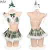 Stage Wear AniLV Cute Girl Christmas Tree Green Plaid dent Uniform Come Women Xmas Furry Bow Hat Pajamas Lingerie Cosplay T220901