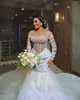 Luxe trouwjurk kralen lovertjes bruidsjurken op maat gemaakte pure nek juweel lange mouwen gelaagde ruches Arabische Dubai plus size vestidos de novia