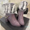 Klassische Kalbsleder-Kaninchenhaar-Damen-Stiefeletten mit Kette aus Schaffell mit Blockabsatz und hoher Schneestiefel-warmer Outdoor-Freizeitschuhe 009 Ccity