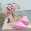 MACH PINK Dress Shoes Bowtie crystal Rhinestone Sandals Designer Satin 11.5CM high heeled Sandal platform heel Slingbacks Buckle Strap womens Shoe 35-42 with box
