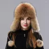 Berets Winter Warm Aviation Hat Natural Fur With Ears Female Fluffy Tail Fashion Leather