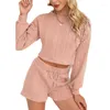 Chándales para mujer Suéter de punto para mujer Pantalones cortos Trajes de dos piezas Mujer Ocuello Manga larga Crop Top Lace Up Cordón Casual Homewear