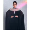2023 Crystal Beaded Black Evening Dresses High Neck Capped Long Sleeve Arabic Dubai Women Celebrity Party Gowns A-Line Chiffon Pleats Formal Prom Dress