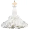 Braut Satin Schatz Meerjungfrau Brautkleider Sexy tiefer V-Ausschnitt Fischschwanz Schnürkorsett Rüschen Organza Brautkleid Roben