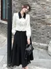Women's retro black white color block turn down collar short jacket and ball gown midi long skirt twinset SMLXL