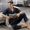 Pijama de roupas de dormir masculina de pijamas de verão de seda de seda de seda de manga curta de duas peças cetim cetim de estilo fino azul marinho x90010