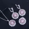 Collier boucles d'oreilles ensemble trois grâces mode rose cubique zircone fleur forme pendentif anneau pour femmes couleur argent bijoux JS043