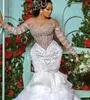 Luxury Wedding Dress Beaded Sequined Bridal Gowns Custom Made Sheer Neck Jewel Long Sleeves Tiered Ruffles Arabic Dubai Plus Size Vestidos de Novia