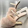 High Heeled Sandals Heel Shoes Heels Fashion Mink Hair Real Wool Leather Sole 8.5 Cm Slippers Womens