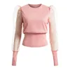 Women's Blouses High Street Women Tulle O-Neck Frill Mesh Pearl Beaded Lace See-through Puff Long Sleeve Party Club Shirt Tops S-2XL