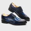 Genuine Luxury Mens Shoes Wedding Formal Leather Handcrafted Brogue Derby Lace-up Wingtip Crocodile Pattern Dress Shoe for