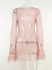 Casual Dresses 2022 Fashion Club Party Dress Ladies Outfit Sexy Mesh See Through Feathers Tassel Long Sleeve Pink Shinny Mini For Women