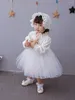 Girl Dresses 2022 Born White Dress For Baptism Long Sleeves Baby Lace Christening Prom Toddler Birthday Weeding Party Wear Hat