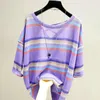 Women's T Shirts Sexy Backless Knitted Striped Women T-Shirts Loose O-Neck Short-Sleeved Casual All Match Female Pulls Outwear Tops Tees