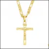H￤nge halsband riktiga 10k gul fast fint guld Jesus korsa Crucifix Charm Big Pendant 55x35mm Figaro Chain Necklace Drop Delivery Dhpho