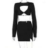 Work Dresses Women Two-Piece Skirt Sets Sexy Hollow Out Backless Long Sleeve T-Shirt And Split Skirts Suits Lady 2 Piece Fashion Outfit