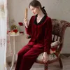 2022 Sleepwear Women Spring Autumn Winter Long Sleeved Ice Silk Simple Stitching Trousers Plus Velvet Pyjamas Golden Velvet Red Suit