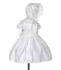 Robes de fille née bébé manches courtes blanc baptême Satin brillant 1 an vêtements d'anniversaire enfant en bas âge baptême dentelle robe de bal