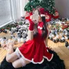 Scene Wear Women Winter Plush Ruffle Red Cloak Dress Maid Christmas Uniform Xmas Sexig Lady Santa Claus Cosplay Come Princess Lingerie T220901