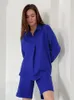 Survêtements pour femmes Casual Coton Shorts 2 pièces Ensembles Femmes Bleu Col Turndown Chemise à manches longues Mode Lâche Survêtement Loungewear 2022