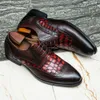 Genuine Luxury Mens Shoes Wedding Formal Leather Handcrafted Brogue Derby Lace-up Wingtip Crocodile Pattern Dress Shoe for