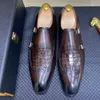 Mens Monk Strap Dress Shoes Real Leather Handgjorda lyxiga manliga dubbla spänne Krokodilmönster Wingtip Toe Bröllop Formella skor