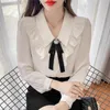 Blouses femininas elegantes escritório de moda senhora camisa branca camisa de manga longa blusa de chiffon tops estilo gravata borbole