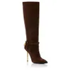 22S Luxury designer woman long boot knee boots suede lady booty padlock gold heels pointy toe wedding party dress pumps 35-43