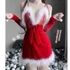 Bühnenkleidung Lolita Rot Tiefer V-Ausschnitt Samtkleid Frauen Weihnachten Cosplay Sexy Botknow Spitze Rückenfreies Kleid Nachtwäsche Weihnachten Dessous Set T220901