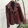 Giacca da donna in vera pelle di pecora Fashion Street Giacche da moto con cerniera in vera pelle rosso vino