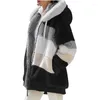 Damenjacken Winter Warme Tasche Kapuzenjacke Plüsch Reißverschluss Lässiger Patchwork Lose Mantel Kunstpelz Parka Fleece Kordelzug Plus Size