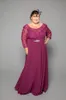Dark Red Beaded Mother of the Bride Dresses Bateau Neck Lace Evening Gowns With Long Sleeves Floor Length Chiffon Wedding Guest Dress