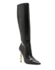 Women knee boot black leather Chain-trimme leather boots Soft calf And gold chain heels pointed toes luxury brand designer with box