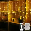 Strings Battery/USB Powered LED Window Curtain String Light 3.5M 96LED Icicle Lights With 8 Modes Remote Control For Xmas Holiday Party