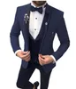 Fashion Navy Blue Groom Tuxedos Peak Lapel Slim Fit Groomsmen Wedding Dress Excellent Man Jacket Blazer 3 Piece Suit