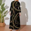 Plus Size Dresses Gold Chains Dress Long Sleeve Circle Chain Print Cute Maxi Daily Street Wear Bohemia 4XL 5XL