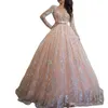 Robes de Quinceanera rose bébé robe de bal en dentelle à paillettes robes de bal col bijou manches longues robe douce 16 longue tenue de soirée formelle Wi3555555