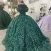 2023 Robes de Quinceanera Vert Foncé Cristaux De Luxe Corset Perlé Dos De L'épaule Fleurs Sur Mesure Sweet 16 Princesse Robe De Bal Robe Robes