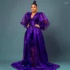 Vestidos de festa Plus Size Tulle Purple Tulle A Line Africa Notury Dress com mangas de sopro sexy Veja através do pescoço Long Aso Ebi Prom Vestidos personalizados feitos personalizados