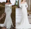 Abito da sposa a sirena 2023 Abiti da sposa con spalle scoperte Corte dei treni Raso morbido Manica lunga Semplice Boho Beach Abiti da sposa