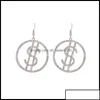 Charme Bling Strass Dollar Drop Pour Femmes Cristal Cercle Dangle Boucles D'oreilles Or Crochet Argent Pendentif Brincos Bijoux De Mode 377 Ot83X