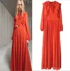 Casual Dresses New V-Neck Lace up Ruffle Wood Ear Edge Lantern Sleeve Dress Elegant Swing Long Dress