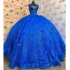 Vestidos da Royal Blue Quinceanera com apliques florais 3D fora do ombro, espartilom