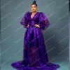 Vestidos de festa Plus Size Tulle Purple Tulle A Line Africa Notury Dress com mangas de sopro sexy Veja através do pescoço Long Aso Ebi Prom Vestidos personalizados feitos personalizados